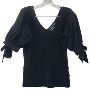 Maeve Anthropologie Black Ribbed Puff Sleeve Tie Cuff V-Neck Top Medium minimal